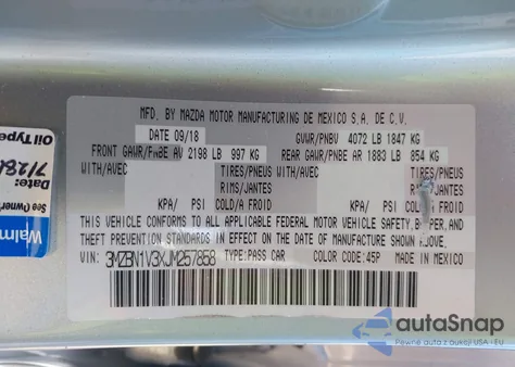 2018 Mazda Mazda3 Touring z USA, uszkodzony, nr VIN 3MZBN1V3XJM257858